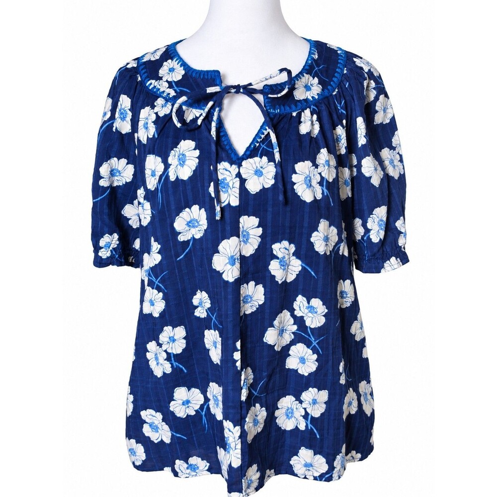 Draper James NWT Size Large Navy Floral Tie Neck Blouse Cottagecore Coastal